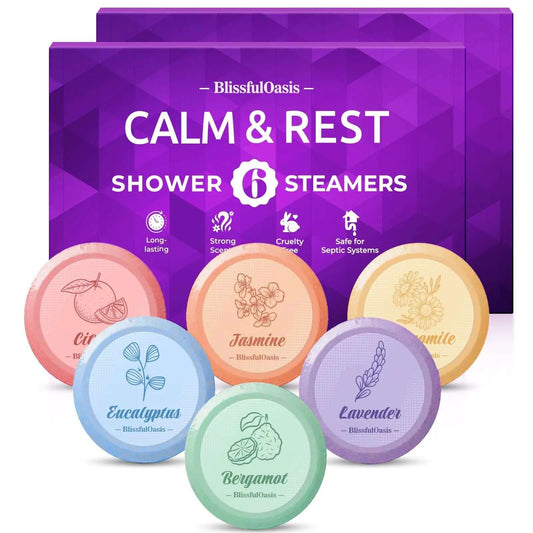 Aromatherapy shower bombs from BlissfulOasis, featuring Calm & Rest pack with six unique scents for ultimate relaxation.