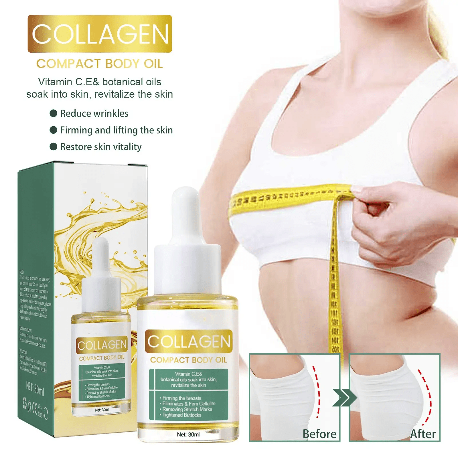 Collagen body treatment oil in a compact bottle with before and after skin improvement results.