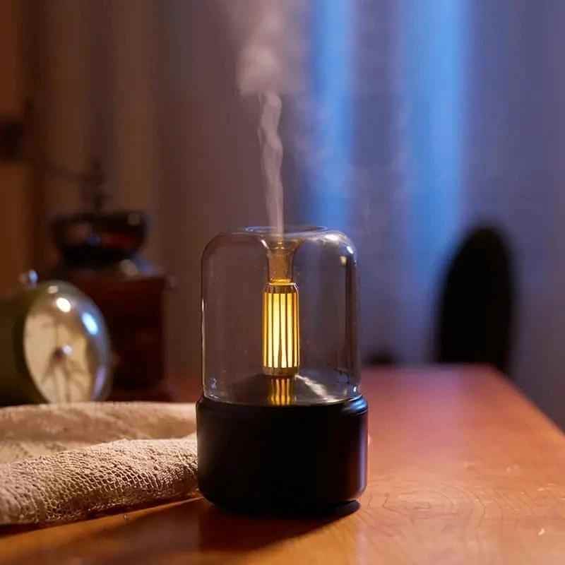 USB aromatherapy humidifier with candlelight feature creating soothing mist in a cozy indoor setting.