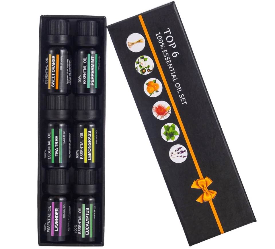 Essential oil blends for relaxation: complete set of six 10ml pure essential oils including Sweet Orange, Tea Tree, Lavender, and more.