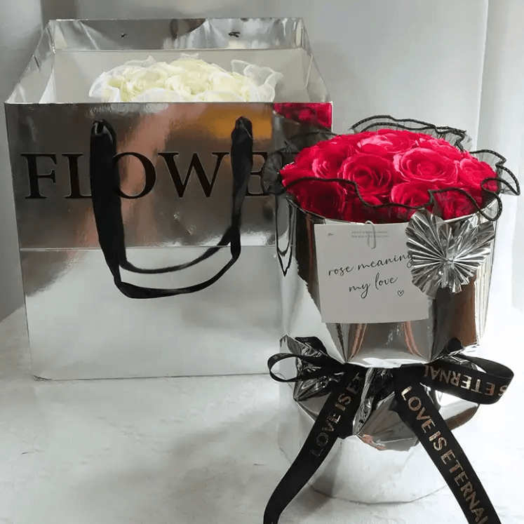 soap flower bouquet gift in elegant packaging, featuring red roses and white flowers, perfect for any occasion.