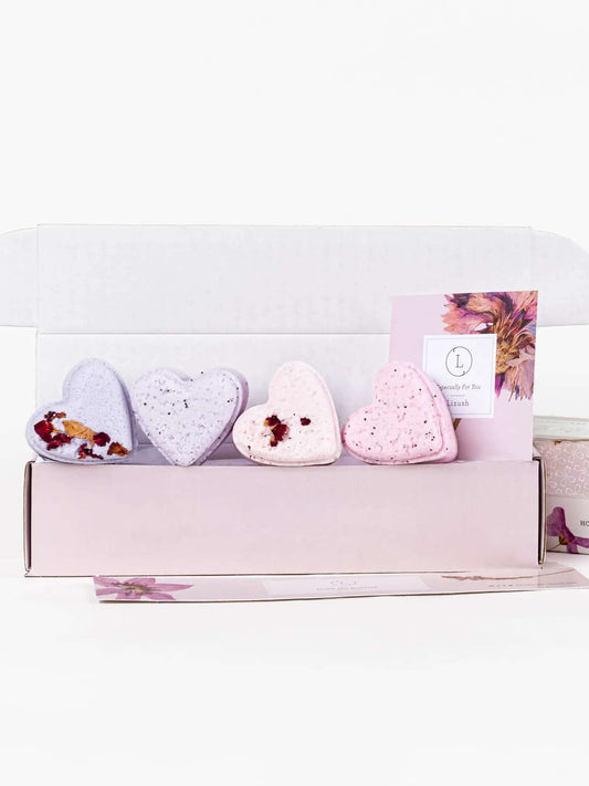 wholesale - 5 heart shaped Shower Steamers Gift Set in a decorative box with a floral card.