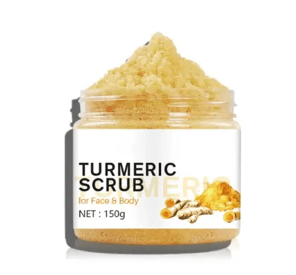 Turmeric scrub for face and body in clear jar, showcasing product texture and weight of 150g.