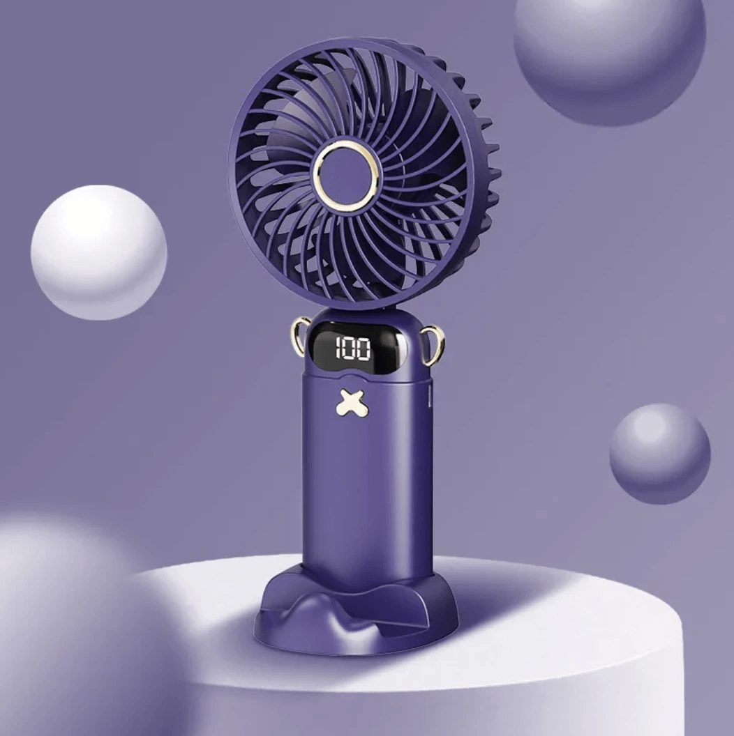 Portable aromatherapy fan with digital display and foldable handle for easy travel and outdoor use.