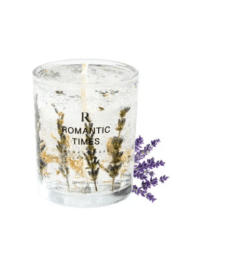 Luxury Jelly Wax Candles with real lavender flowers and elegant packaging, offering a serene ambiance.