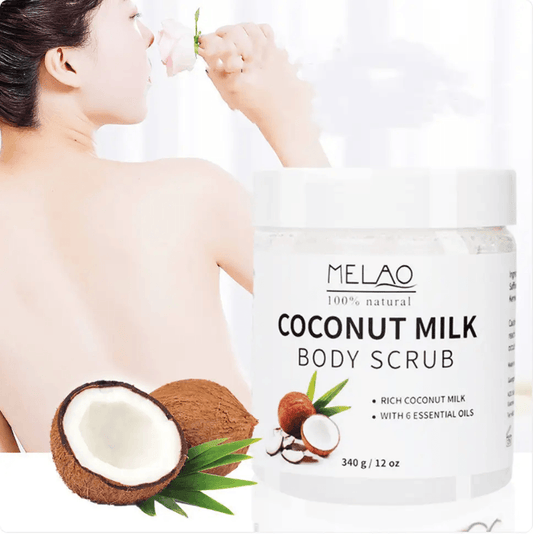 Handmade body scrub with coconut milk, featuring exfoliating properties for radiant skin.