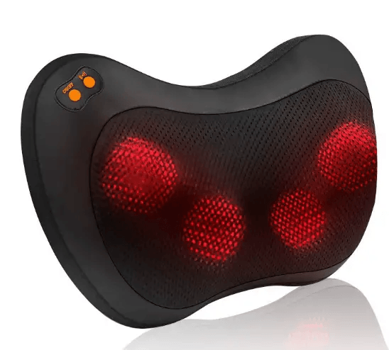 Infrared massage pillow with red massage nodes and controls for neck and shoulder relief.
