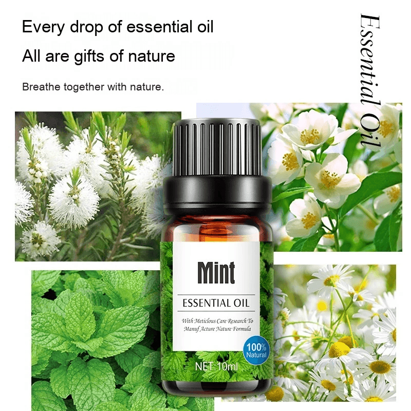 Mint essential oil bottle surrounded by fresh mint leaves and flowers, showcasing natural aromatherapy benefits.