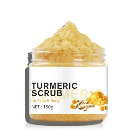 Turmeric scrub product for face and body, 150g jar, enhances skin with natural exfoliation, ideal body scrub.