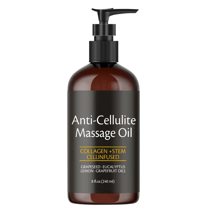 Anti-Cellulite Massage Oil with collagen and stem cell infusion, enriched with grapeseed and eucalyptus oils.
