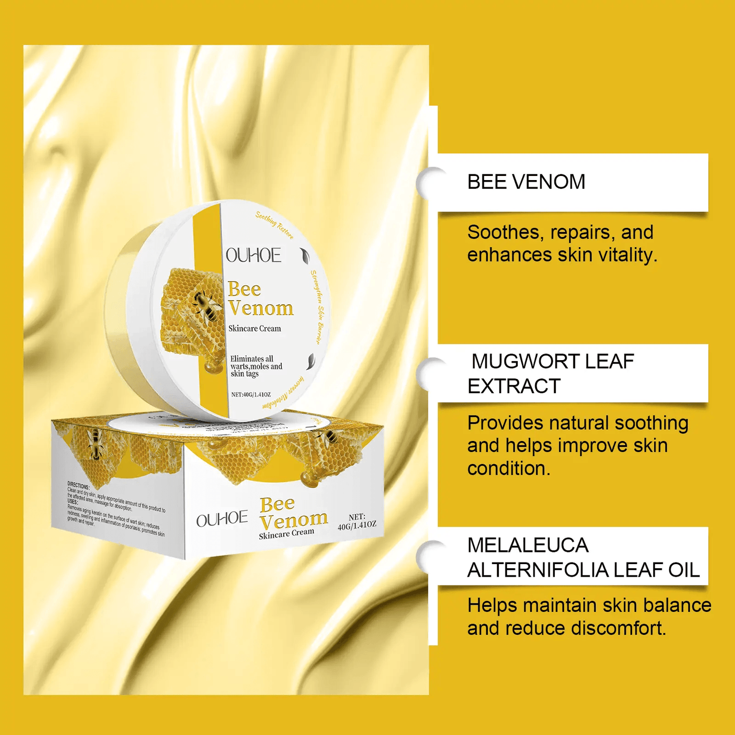 Neck massage cream featuring bee venom, mugwort leaf extract, and melaleuca alternifolia leaf oil for hydration and nourishment.