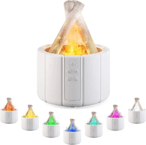 Simulated Flame Aromatherapy Humidifier with colorful ambient lighting and remote control options.