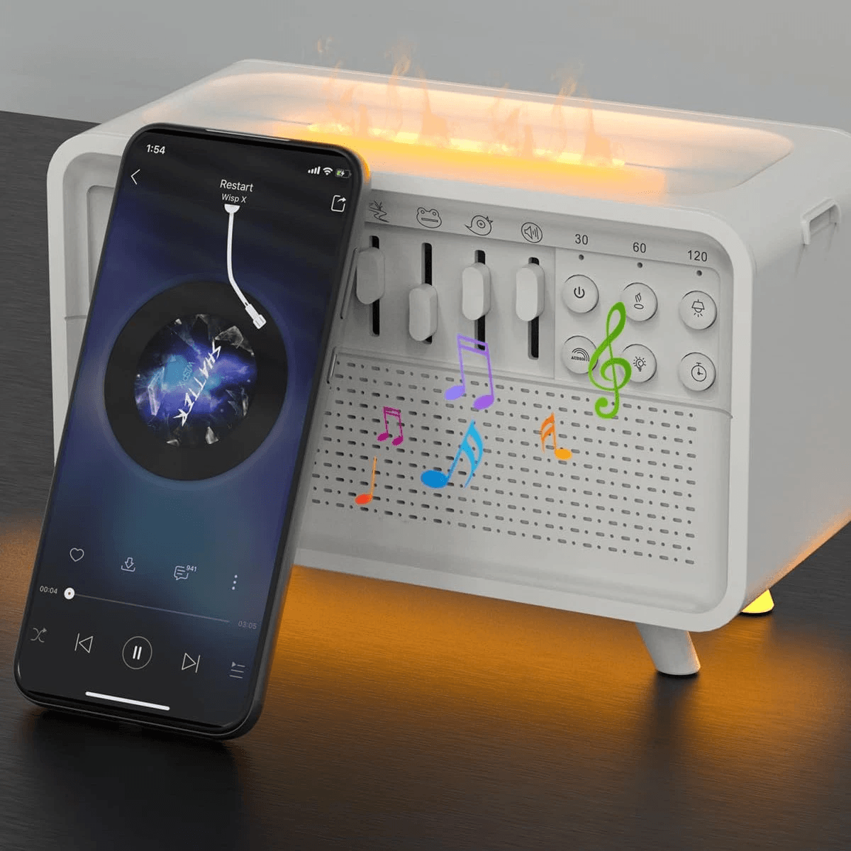 White Noise Aromatherapy Lamp with smartphone control, soft light, and soothing sounds for relaxation and sleep.