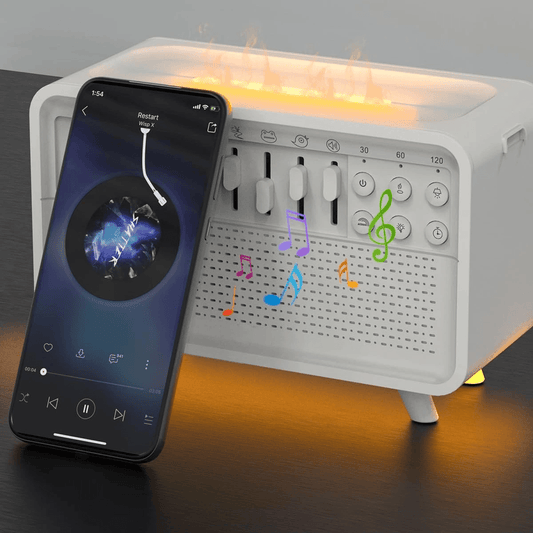 White Noise Aromatherapy Lamp with smartphone control, soft light, and soothing sounds for relaxation and sleep.