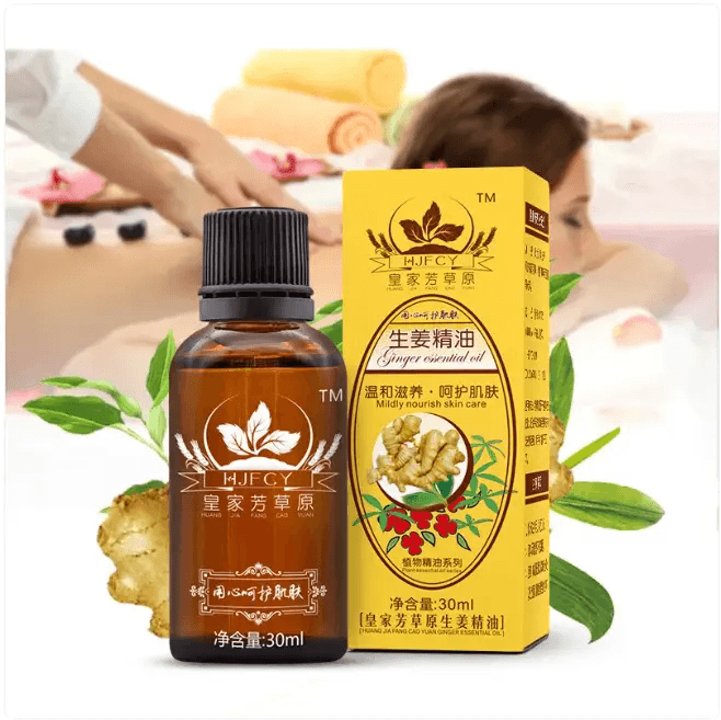 Ginger massage oil bottle and packaging displayed with a massage scene in the background, featuring natural ingredients.