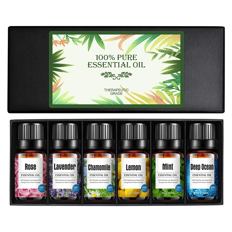 Aromatherapy essential oil set featuring lavender humidifier oil, rose, chamomile, lemon, mint, and deep ocean scents.