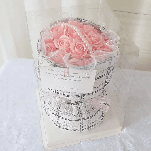 Elegant soap flower bouquet in a decorative box with pink roses and pearl accents.