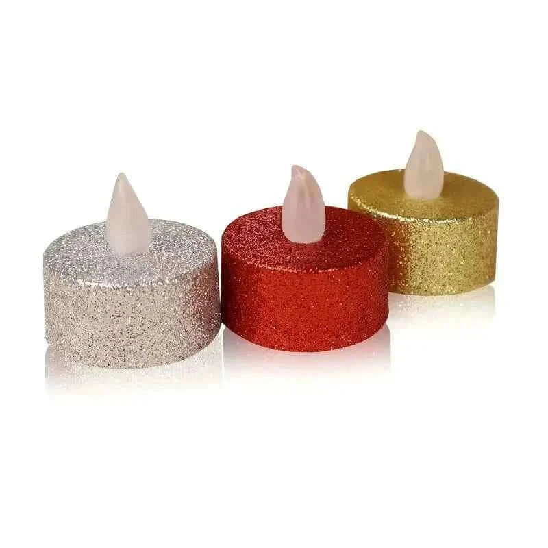 Set of 3 battery operated tea light candles in silver, red, and gold with a flickering glow, perfect for holiday decor.