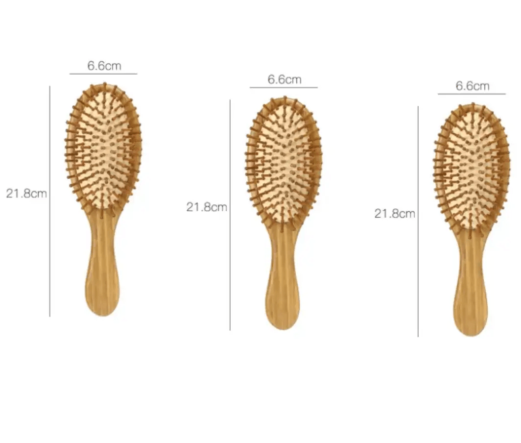 Three views of a bamboo massage comb showcasing its ergonomic design and rounded bristles for gentle hair care.