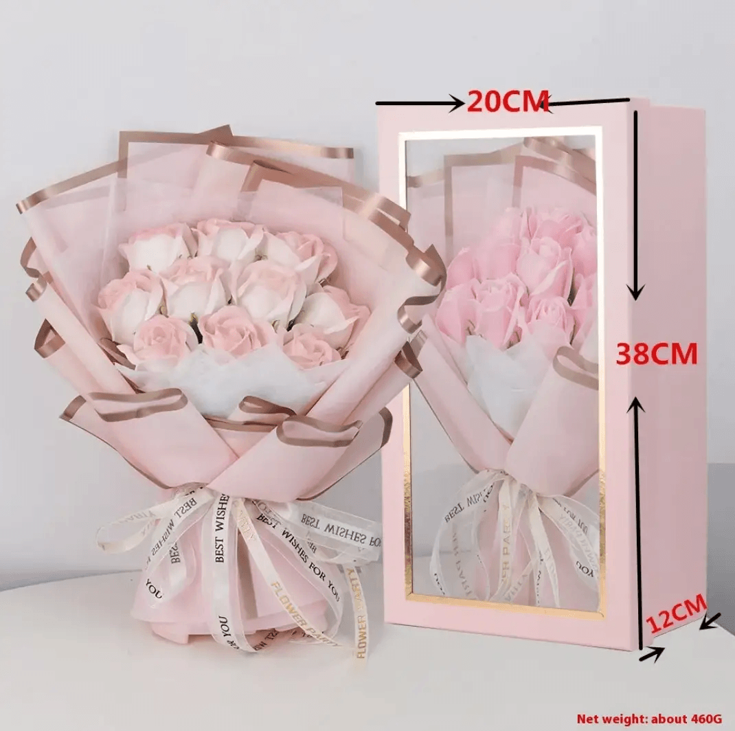 Blue rose soap bouquet gift box featuring pink rose soap flowers in an elegant packaging.