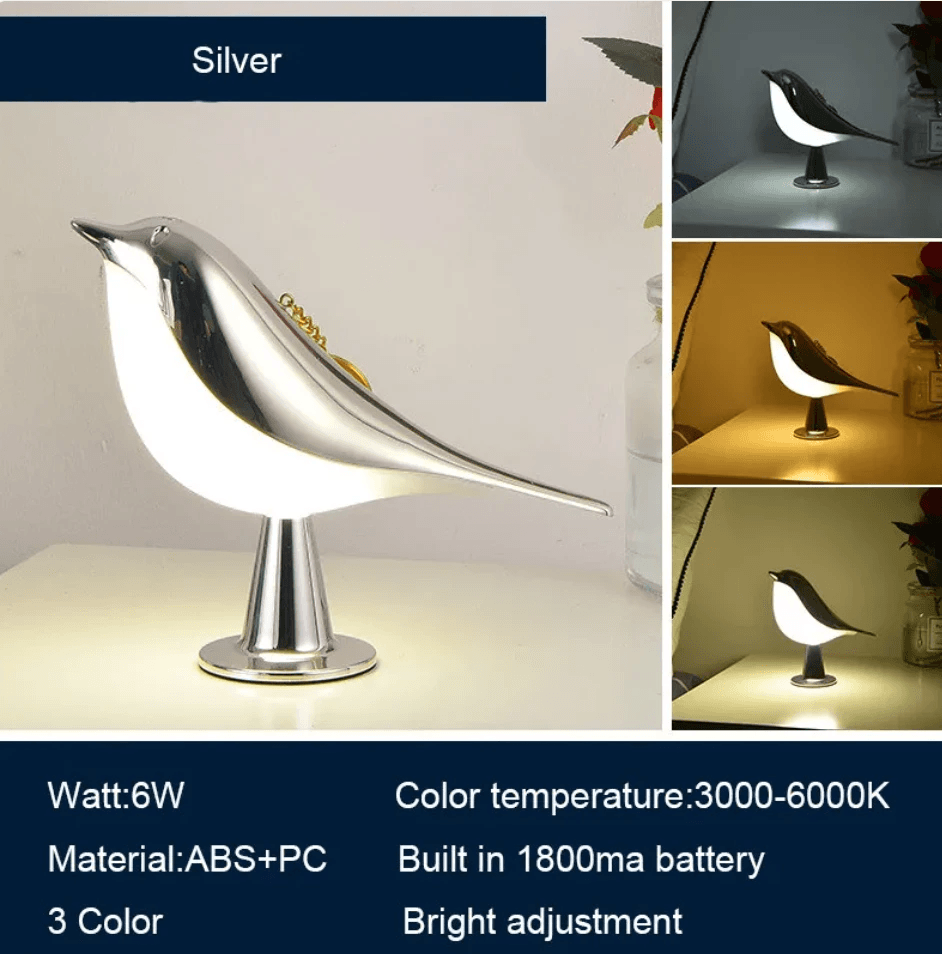 LED car aromatherapy light in silver, featuring a bird design with adjustable brightness and battery power.