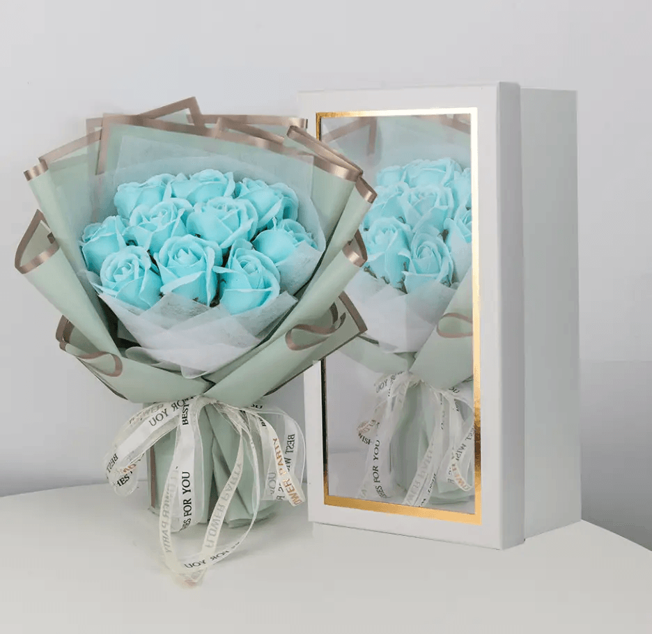 Blue rose soap bouquet gift box with elegant blue rose soap flowers in a stylish gift box.