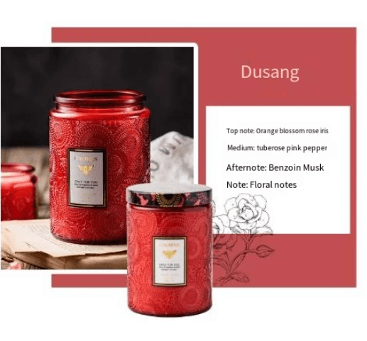 Embossed glass soy candles displayed with notes of floral scents, ideal for aromatherapy and home fragrance.