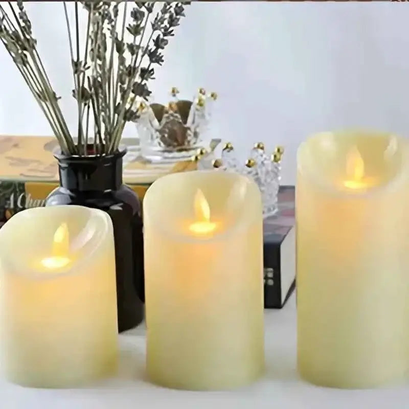 3pcs LED flameless candles with remote displayed on a table, creating a cozy atmosphere with a warm glow.