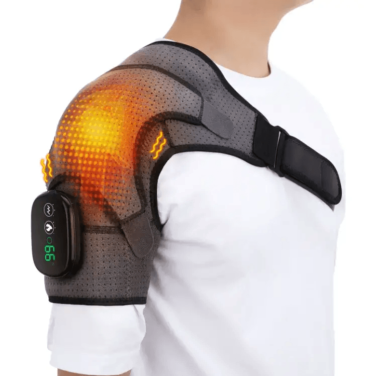 Heated electric massage pad on a person’s shoulder, providing soothing heat and massage relief.