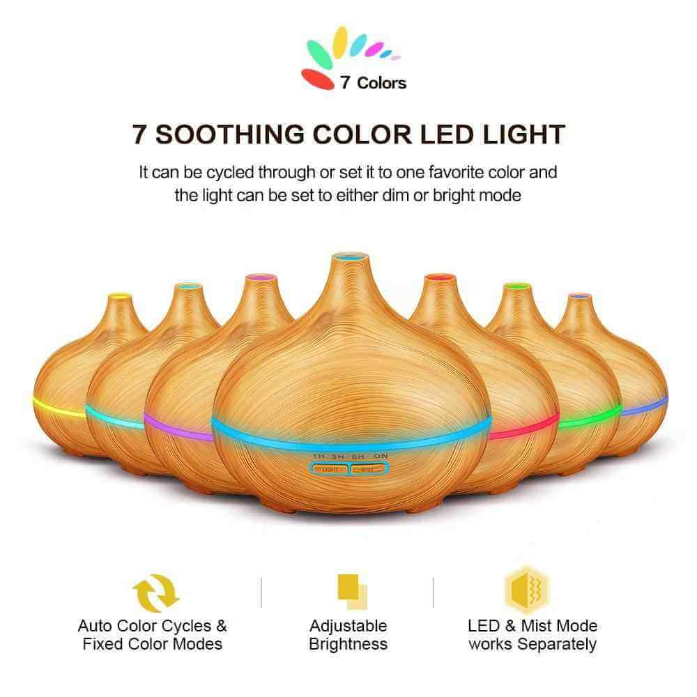 ultrasonic aromatherapy humidifier with 7 soothing color LED lights and adjustable brightness