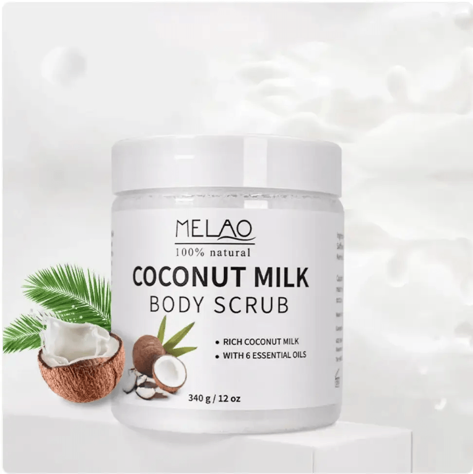 Handmade body scrub in a jar with coconut milk and essential oils, designed for skin exfoliation and hydration.