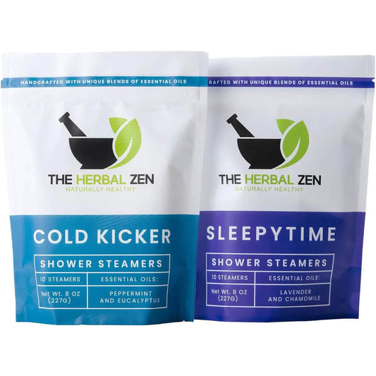 Aromatherapy shower steamers gift set featuring Cold Kicker and Sleepytime blends, perfect for relaxation and rejuvenation.