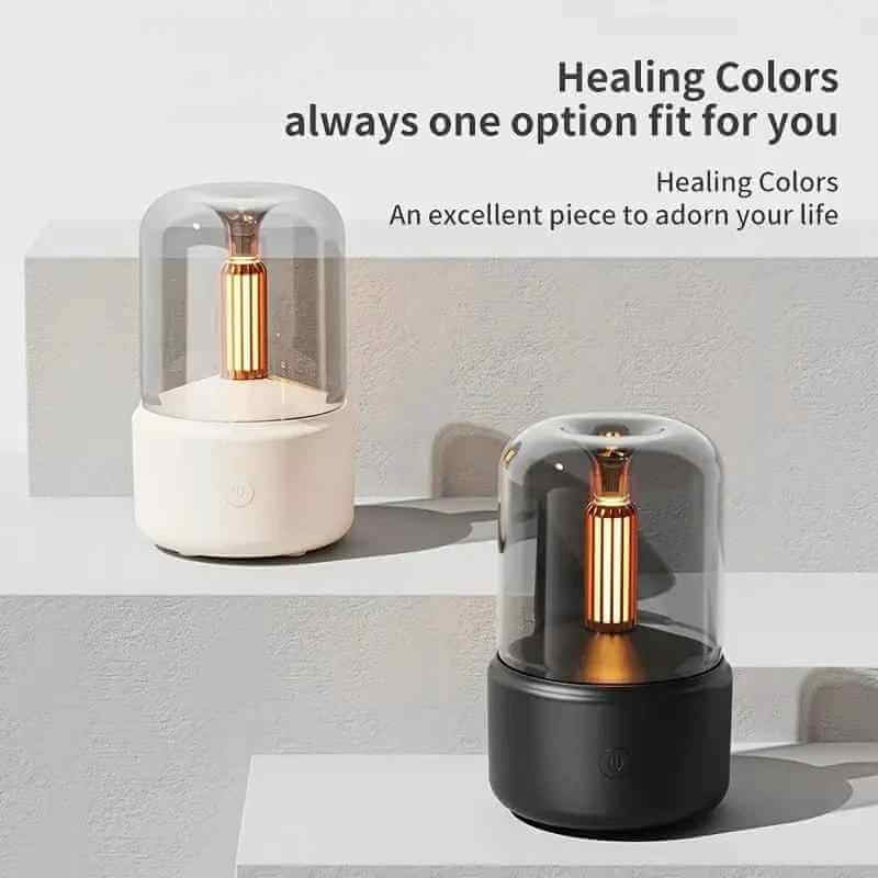 Stylish Healing Colors lamp in black and white, perfect for home decor and creating ambiance.