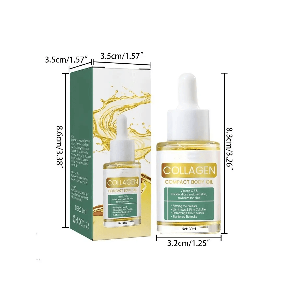 Collagen Body Treatment Oil in a bottle with dropper, nourishing and hydrating skin for improved elasticity.