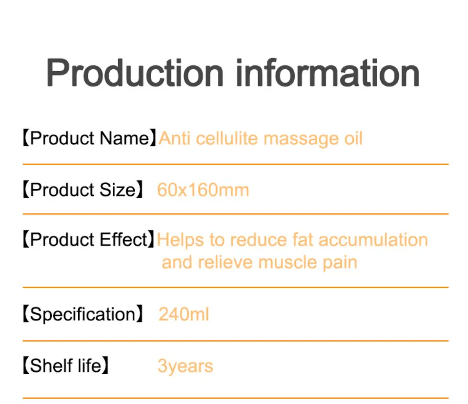Production information for Anti cellulite massage oil including size, effect, specification, and shelf life.