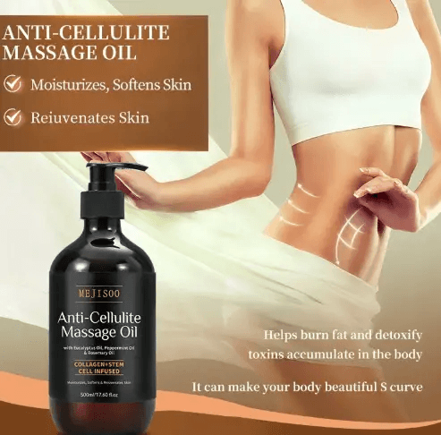 Anti-Cellulite Massage Oil promotes moisturized skin and rejuvenation, aiding in detox and enhancing body curves.
