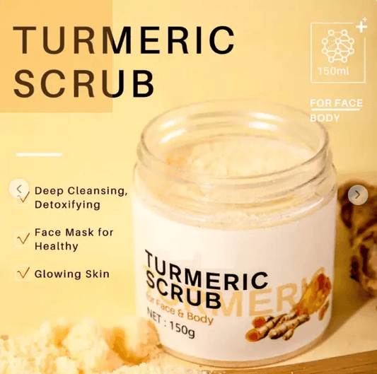 Turmeric scrub for face and body in jar, promoting deep cleansing and glowing skin, 150ml size.