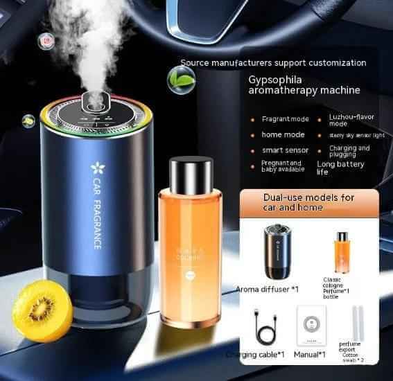 Car aromatherapy spray light with smart sensor, aroma diffuser, and dual-use for car and home.