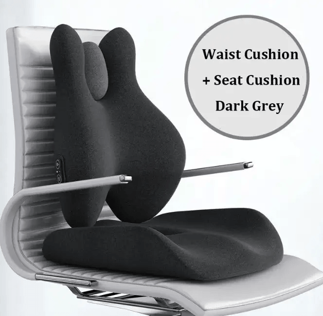 Massage heating backrest with waist and seat cushions in dark grey on an office chair.
