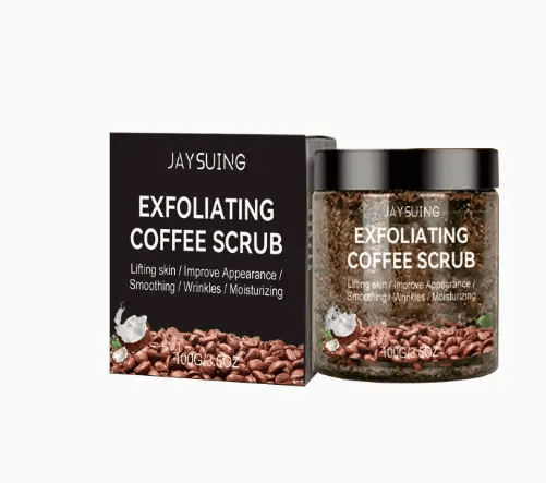 Coffee Body Scrub in a jar and box for skin exfoliation and rejuvenation.