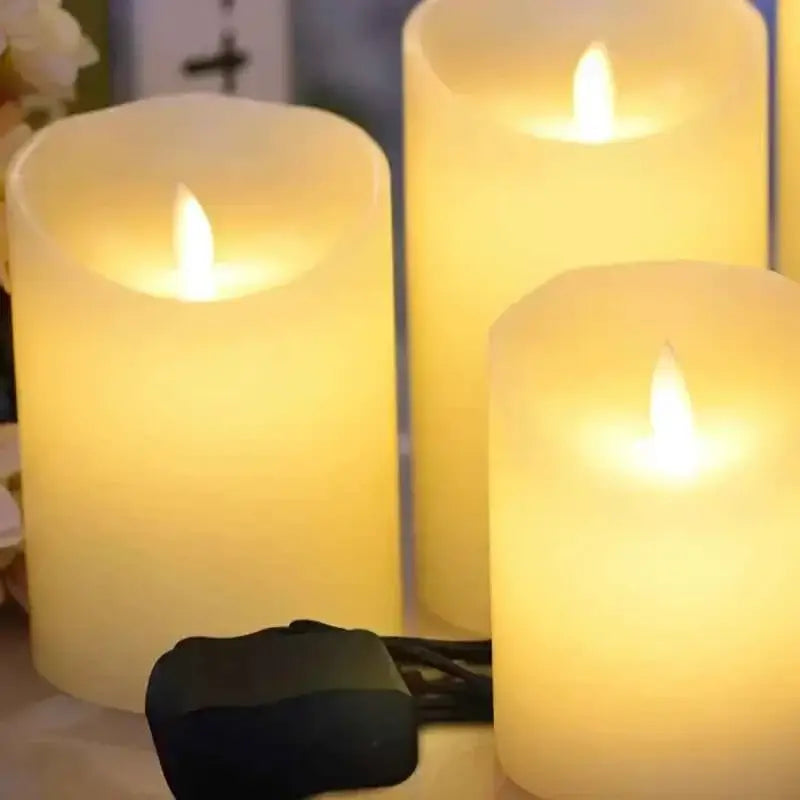 3pcs LED flameless candles with remote creating a cozy ambiance in home decor.