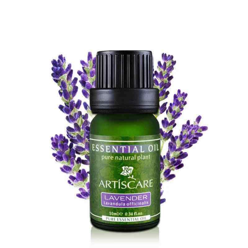 ARTISCARE Lavender Essential Oil for Aromatherapy in a green bottle with lavender flowers in the background.