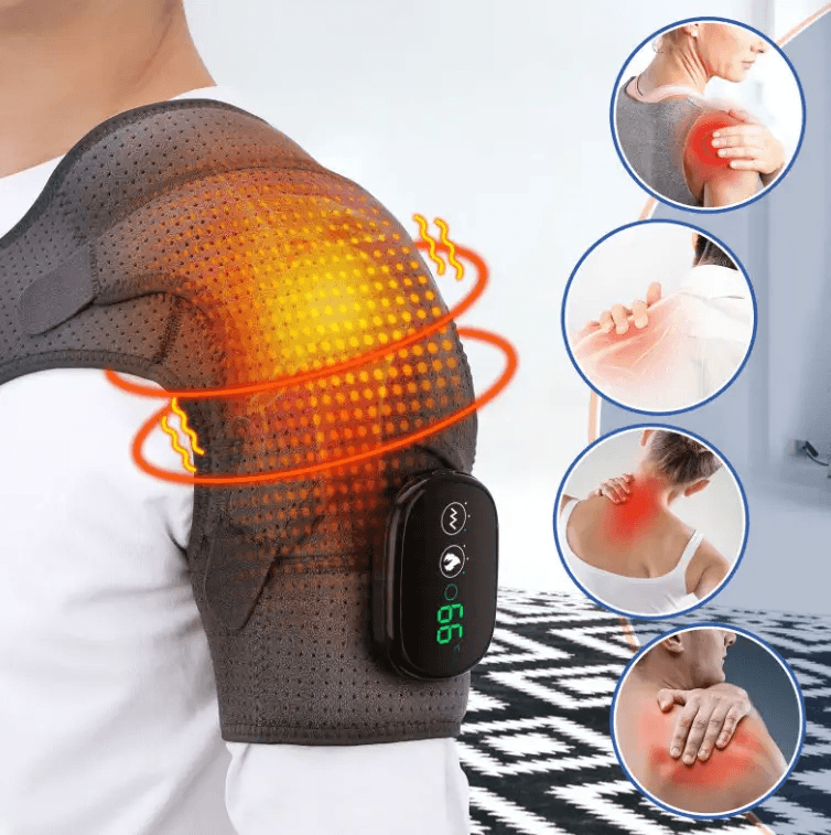 Heated electric massage pad providing relief to shoulder pain with soothing heat and massage features.