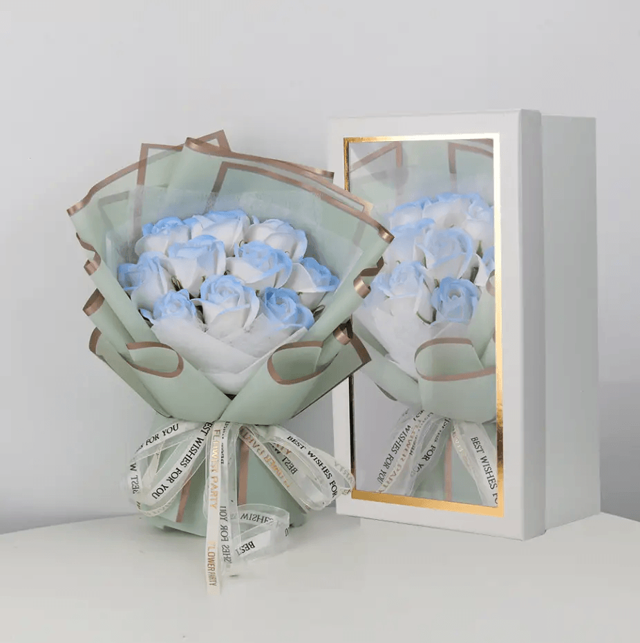 Blue rose soap bouquet gift in an elegant gift box, perfect for special occasions and expressing love.