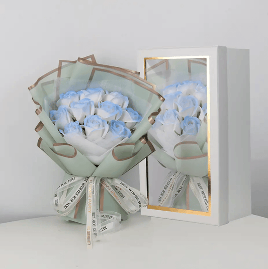 Blue rose soap bouquet gift in an elegant gift box, perfect for special occasions and expressing love.