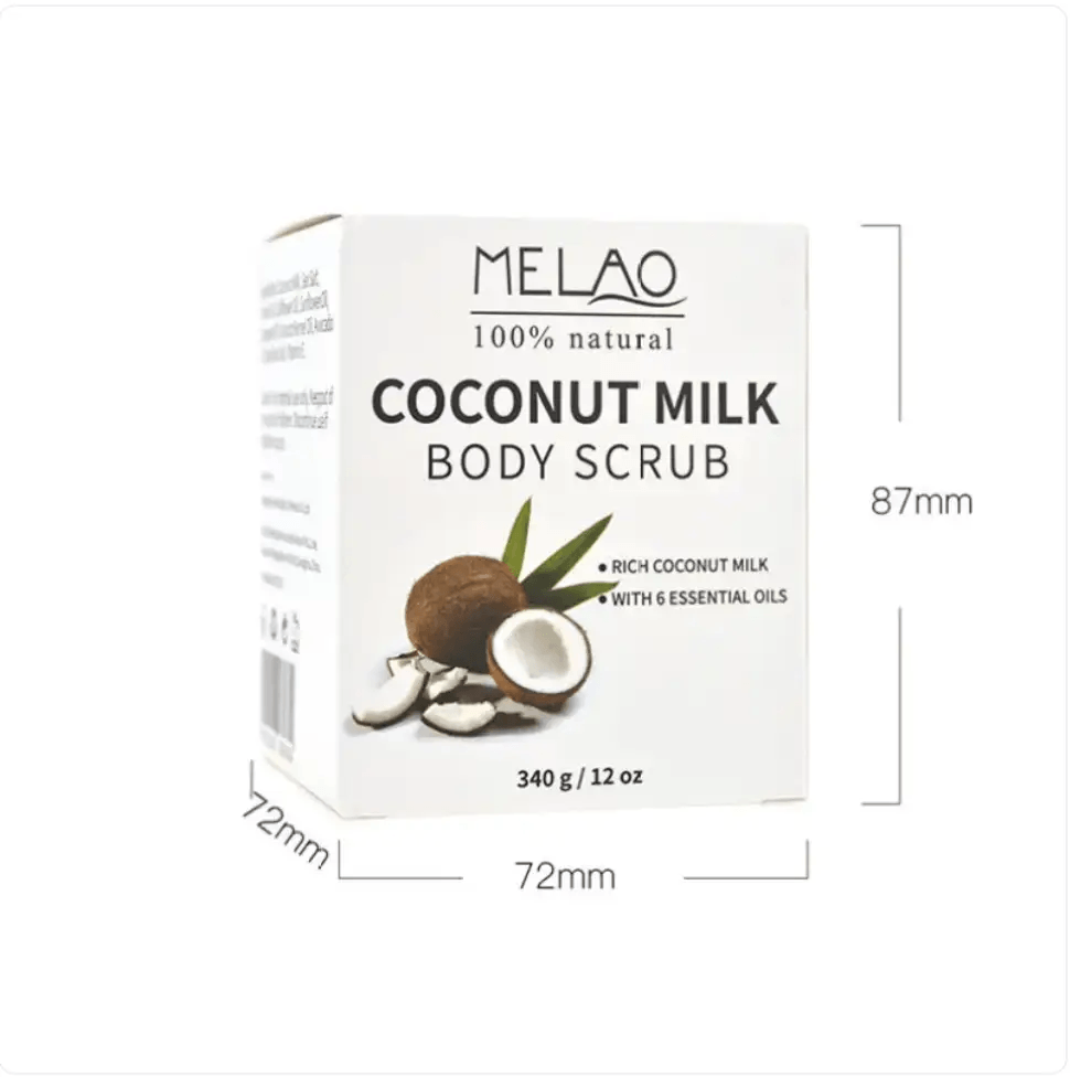 Coconut Milk Exfoliating Body Scrub packaging, featuring rich coconut milk and essential oils for skin revitalization.