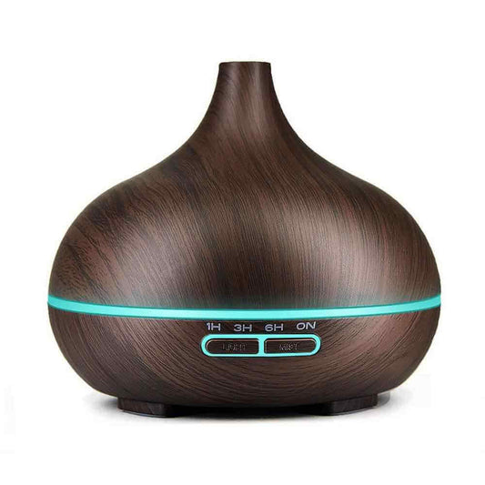 550ml Ultrasonic Aromatherapy Humidifier with wood grain design and glowing accents for a calming atmosphere.
