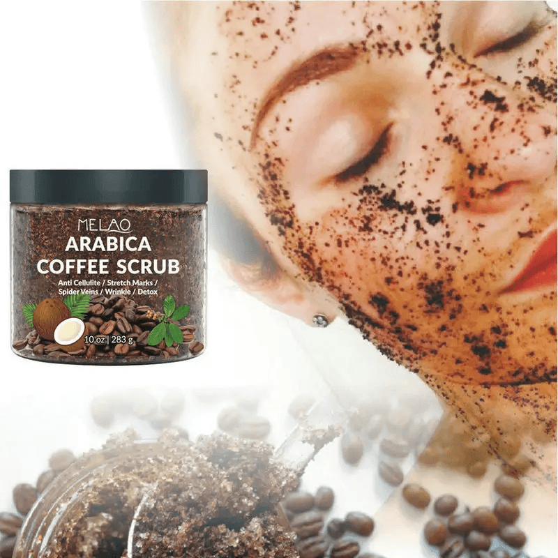 Coffee body scrub in a jar with a person applying it on their face, showcasing its exfoliating properties.