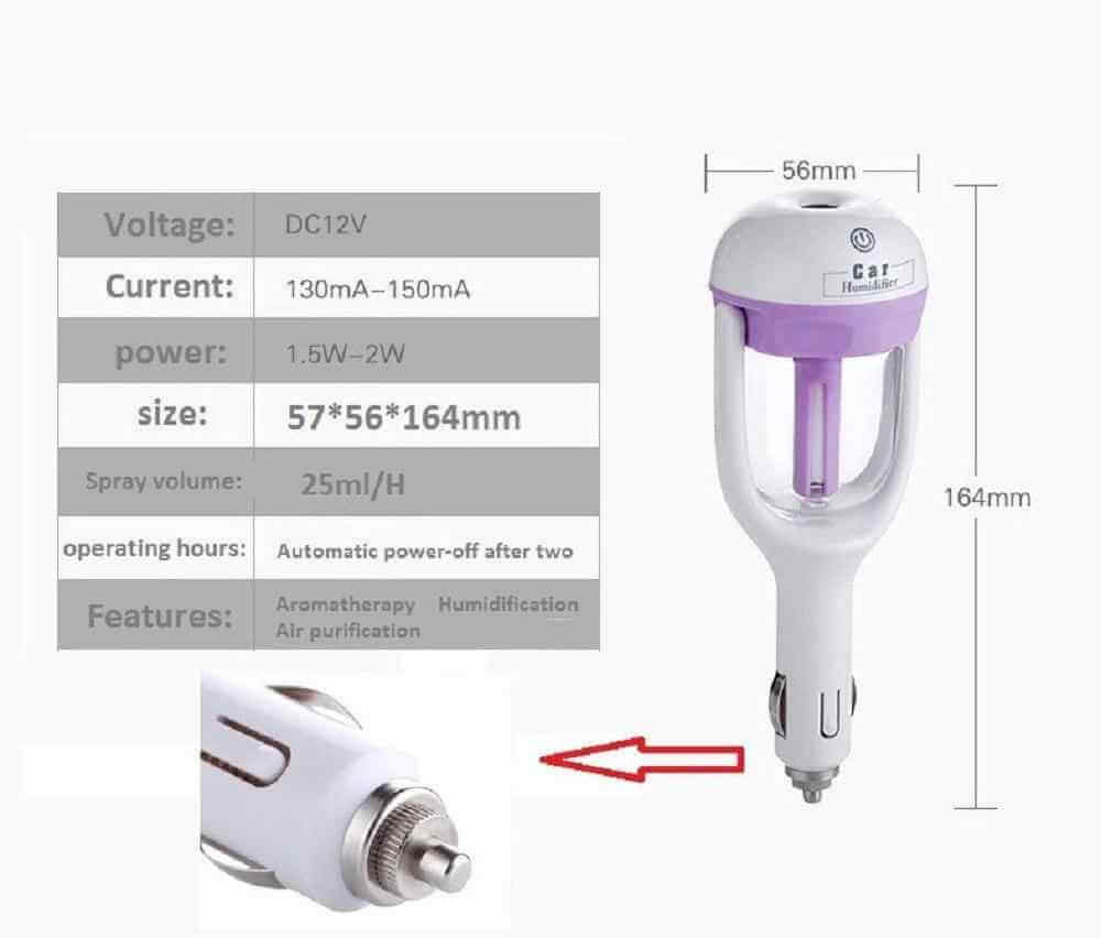 Mini car humidifier with aromatherapy features a compact design and specifications for refreshing air in vehicles.