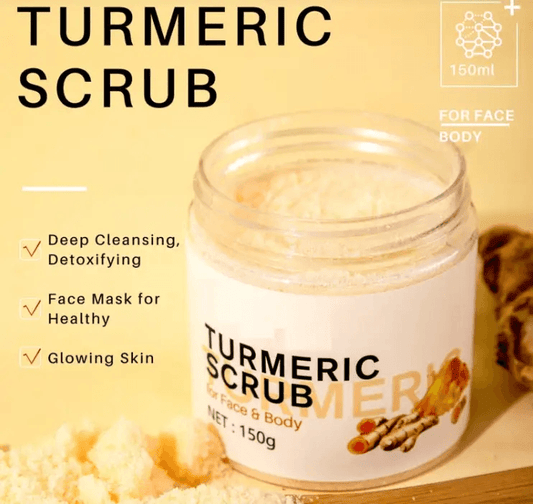 Turmeric scrub for glowing skin in a jar with ingredients listed for deep cleansing and detoxifying benefits.